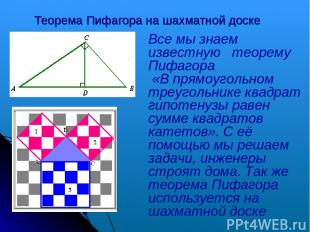 Теорема Пифагора на шахматной доске Все мы знаем известную теорему Пифагора «В п