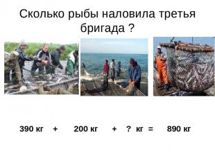 Сколько рыбы наловила третья бригада ? 390 кг + 200 кг + ? кг = 890 кг
