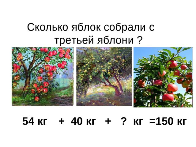Сколько яблок собрали с третьей яблони ? 54 кг + 40 кг + ? кг =150 кг