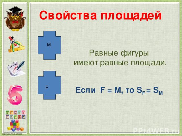 Свойства площадей Равные фигуры имеют равные площади. F М Если F = М, то SF = SM
