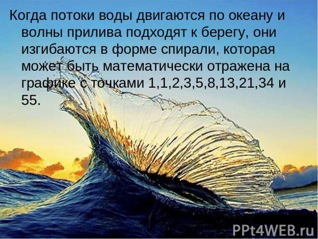 Когда потоки воды двигаются по океану и волны прилива подходят к берегу, они изгибаются в форме спирали, которая может быть математически отражена на графике с точками 1,1,2,3,5,8,13,21,34 и 55.