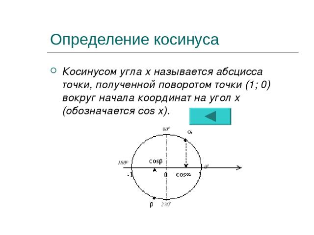 Определение косинуса Косинусом угла х называется абсцисса точки, полученной поворотом точки (1; 0) вокруг начала координат на угол х (обозначается cos x).