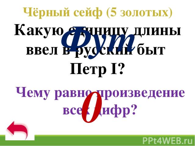 Чёрный сейф (5 золотых) Какую единицу длины ввел в русский быт Петр I? Чему равно произведение всех цифр? Фут 0