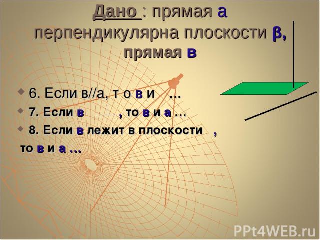 Дано : прямая а перпендикулярна плоскости β, прямая в 6. Если в//а, т о в и β … 7. Если в β , то в и а … 8. Если в лежит в плоскости β, то в и а …