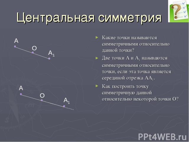 Центральная симметрия Какие точки называются симметричными относительно данной точки? Две точки А и А1 называются симметричными относительно точки, если эта точка является серединой отрезка АА1. Как построить точку симметричную данной относительно н…