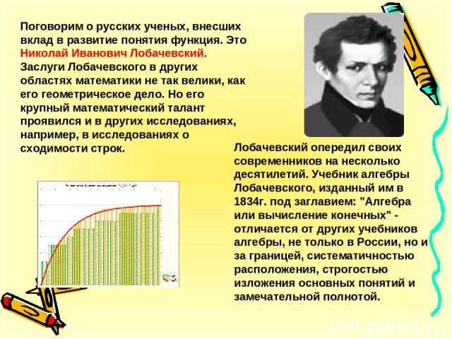 Поговорим о русских ученых, внесших вклад в развитие понятия функция. Это Николай Иванович Лобачевский. Заслуги Лобачевского в других областях математики не так велики, как его геометрическое дело. Но его крупный математический талант проявился и в …