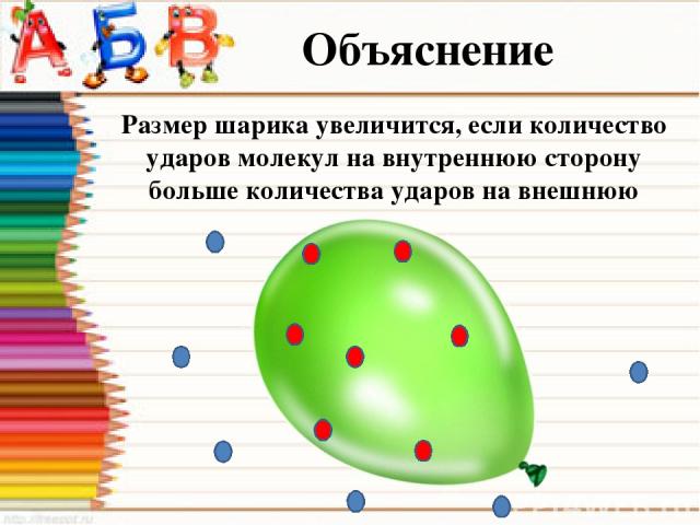 Объяснение Размер шарика увеличится, если количество ударов молекул на внутреннюю сторону больше количества ударов на внешнюю