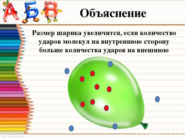 Объяснение Размер шарика увеличится, если количество ударов молекул на внутреннюю сторону больше количества ударов на внешнюю