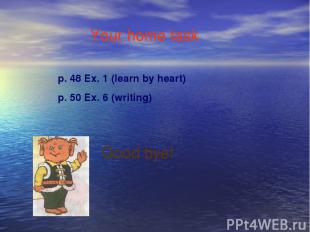 Your home task . p. 48 Ex. 1 (learn by heart) p. 50 Ex. 6 (writing) Good bye!
