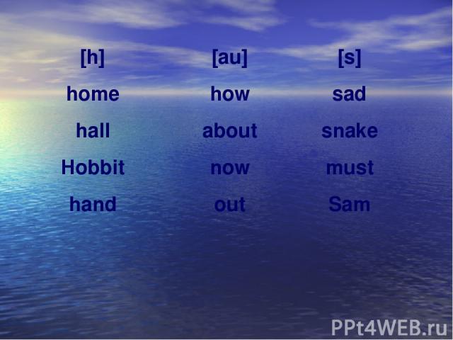[h] home hall Hobbit hand [au] how about now out [s] sad snake must Sam