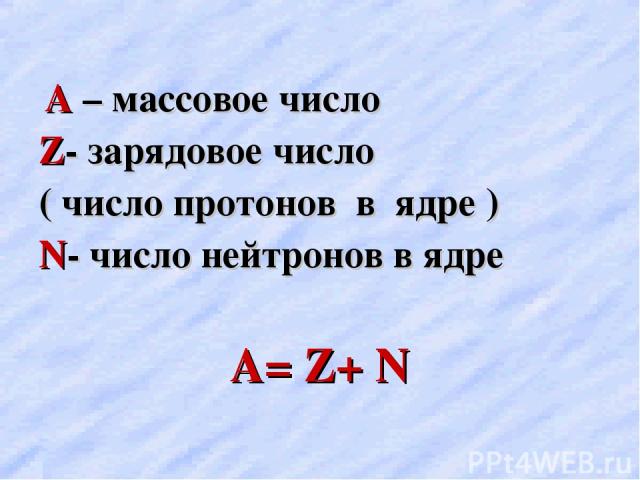 А – массовое число Z- зарядовое число ( число протонов в ядре ) N- число нейтронов в ядре А= Z+ N