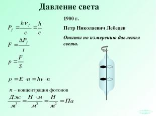 Давление света 1900 г. Петр Николаевич Лебедев Опыты по измерению давления света