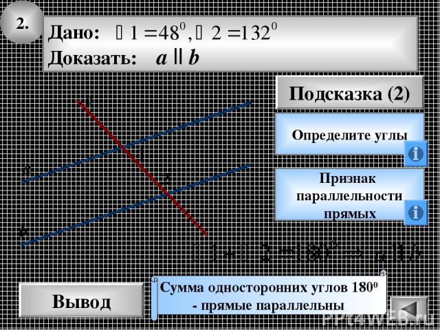 2. Вывод Подсказка (2) Определите углы Признак параллельности прямых Сумма односторонних углов 1800 - прямые параллельны 2 1 с а b