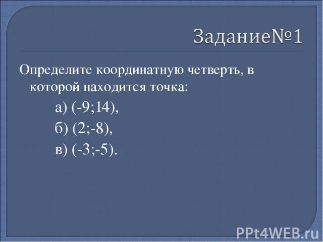 Определите координатную четверть, в которой находится точка: а) (-9;14), б) (2;-8), в) (-3;-5).