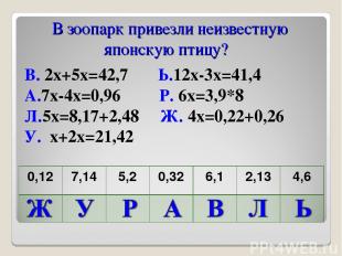 В. 2х+5х=42,7 Ь.12х-3х=41,4 А.7х-4х=0,96 Р. 6х=3,9*8 Л.5х=8,17+2,48 Ж. 4х=0,22+0