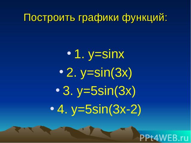 Построить графики функций: 1. y=sinx 2. y=sin(3x) 3. y=5sin(3x) 4. y=5sin(3x-2)