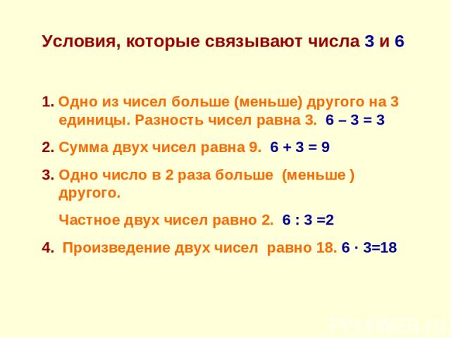 Условия, которые связывают числа 3 и 6 1. Одно из чисел больше (меньше) другого на 3 единицы. Разность чисел равна 3. 6 – 3 = 3 2. Сумма двух чисел равна 9. 6 + 3 = 9 3. Одно число в 2 раза больше (меньше ) другого. Частное двух чисел равно 2. 6 : 3…