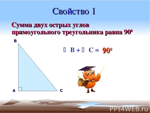 Свойство 1 Сумма двух острых углов прямоугольного треугольника равна 900 А В С B + C = ? 900