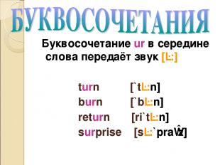 Буквосочетание ur в середине слова передаёт звук [ɛ:] turn [`tɛ:n] burn [`bɛ:n]