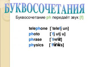 Буквосочетание ph передаёт звук [f] telephone [`telefəun] photo [`fəutəu] phrase