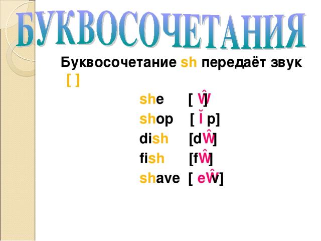 Буквосочетание sh передаёт звук [ʃ] she [ʃɪ] shop [ʃɔp] dish [dɪʃ] fish [fɪʃ] shave [ʃeɪv]