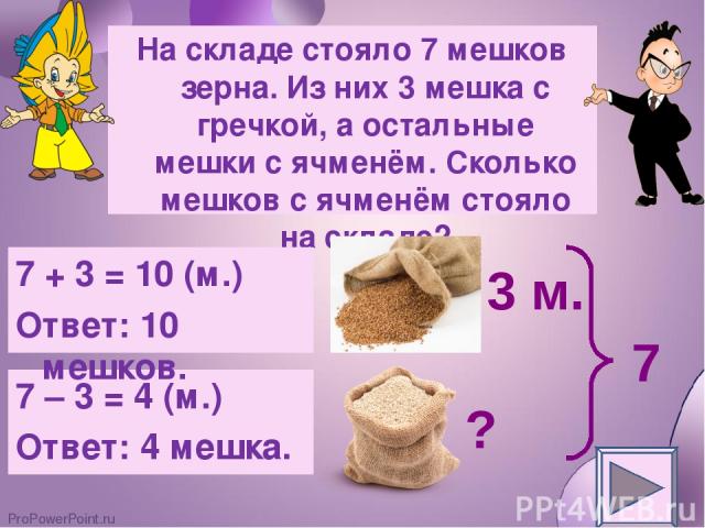 На складе стояло 7 мешков зерна. Из них 3 мешка с гречкой, а остальные мешки с ячменём. Сколько мешков с ячменём стояло на складе? 7 – 3 = 4 (м.) Ответ: 4 мешка. 7 + 3 = 10 (м.) Ответ: 10 мешков. 3 м. ? 7 ProPowerPoint.ru