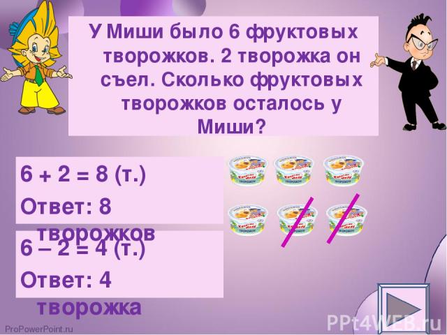 У Миши было 6 фруктовых творожков. 2 творожка он съел. Сколько фруктовых творожков осталось у Миши? 6 – 2 = 4 (т.) Ответ: 4 творожка 6 + 2 = 8 (т.) Ответ: 8 творожков ProPowerPoint.ru