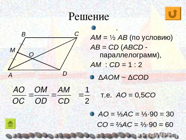 Решение C ΔAOM ~ ΔCОD . AM = ½ AB (по условию) AB = CD (ABCD - параллелограмм), AM : CD = 1 : 2 т.е. AO = 0,5CО AO = ⅓AC = ⅓·90 = 30 CO = ⅔AC = ⅔·90 = 60