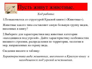 Ход работы: 1.Познакомьтесь со структурой Красной книги («Животные»). Животные к