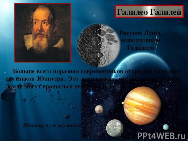 Галилео Галилей Рисунок Луны, выполненный Галилеем Юпитер и его спутники Больше всего поразило современников открытие Галилеем спутников Юпитера. Это доказывало, что не только вокруг Земли могут вращаться небесные тела.