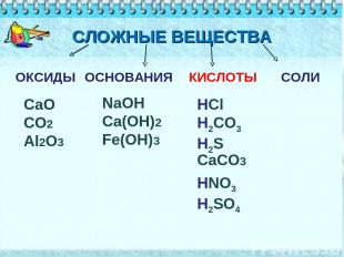 СЛОЖНЫЕ ВЕЩЕСТВА ОКСИДЫ КИСЛОТЫ ОСНОВАНИЯ СОЛИ HCl H2CO3 H2S HNO3 H2SO4 CaO CO2