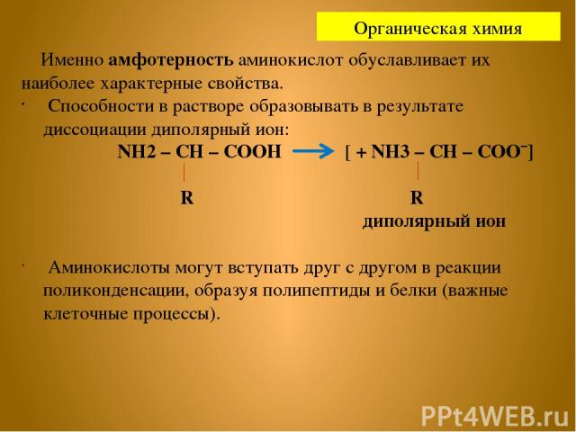 Именно амфотерность аминокислот обуславливает их наиболее характерные свойства. Способности в растворе образовывать в результате диссоциации диполярный ион: NH2 – CH – COOH [ + NH3 – CH – COO¯] R R диполярный ион Аминокислоты могут вступать друг с д…