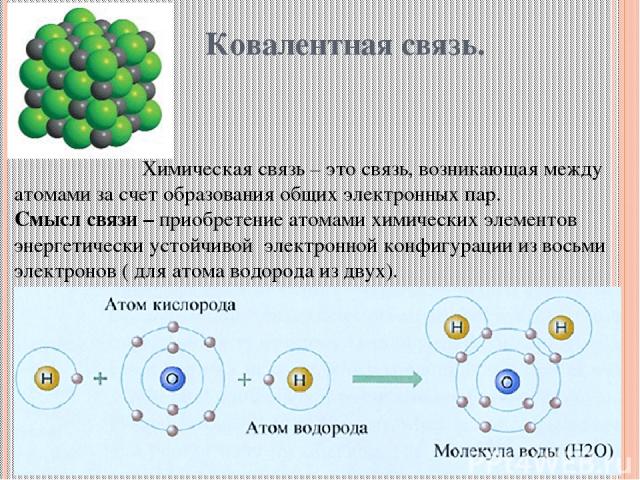 Ковалентная связь. Химическая связь – это связь, возникающая между атомами за счет образования общих электронных пар. Смысл связи – приобретение атомами химических элементов энергетически устойчивой электронной конфигурации из восьми электронов ( дл…