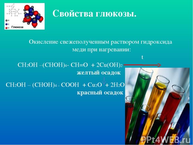 Свойства глюкозы. Окисление свежеполученным раствором гидроксида меди при нагревании: t СН2ОН –(СНОН)4- СН=О + 2Сu(OH)2 желтый осадок CH2OH – (CHOH)4 – COOH + Cu2O + 2H2O красный осадок