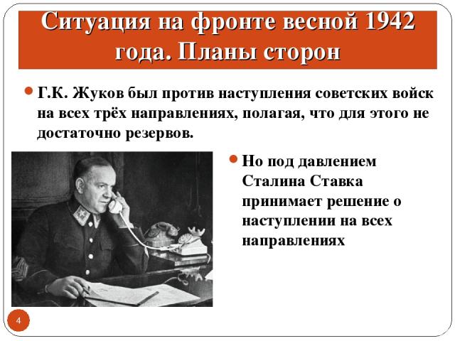 Ситуация на фронте весной 1942 года. Планы сторон Г.К. Жуков был против наступления советских войск на всех трёх направлениях, полагая, что для этого не достаточно резервов. * Но под давлением Сталина Ставка принимает решение о наступлении на всех н…