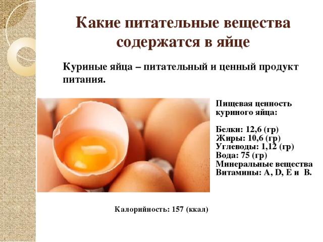 Какие питательные вещества содержатся в яйце Куриные яйца – питательный и ценный продукт питания. Пищевая ценность куриного яйца: Белки: 12,6 (гр) Жиры: 10,6 (гр) Углеводы: 1,12 (гр) Вода: 75 (гр) Минеральные вещества Витамины: А, D, Е и В. Калорийн…