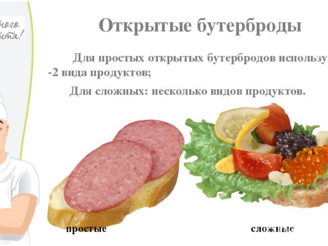 Открытые бутерброды Для простых открытых бутербродов используют 1 -2 вида продуктов; Для сложных: несколько видов продуктов. простые сложные