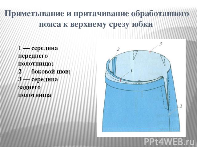 Приметывание и притачивание обработанного пояса к верхнему срезу юбки  1 — середина переднего полотнища; 2 — боковой шов;  3 — середина заднего полотнища 