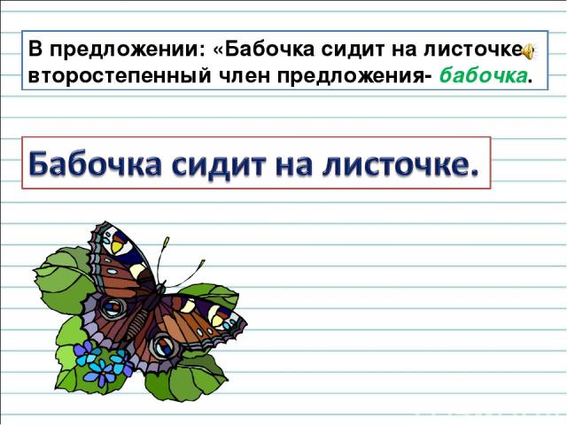 В предложении: «Бабочка сидит на листочке» второстепенный член предложения- бабочка.