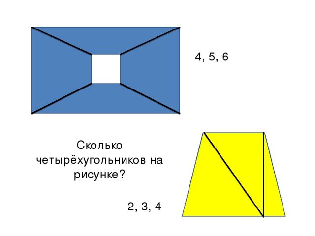 Сколько четырёхугольников на рисунке? 4, 5, 6 2, 3, 4