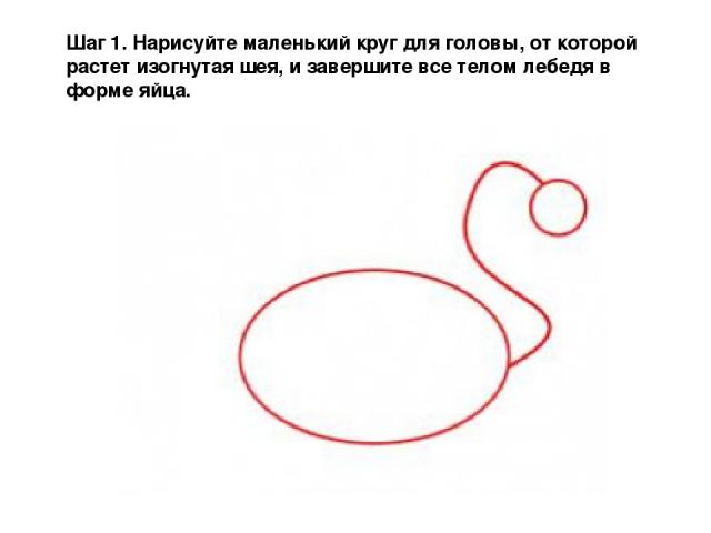Шаг 1. Нарисуйте маленький круг для головы, от которой растет изогнутая шея, и завершите все телом лебедя в форме яйца.