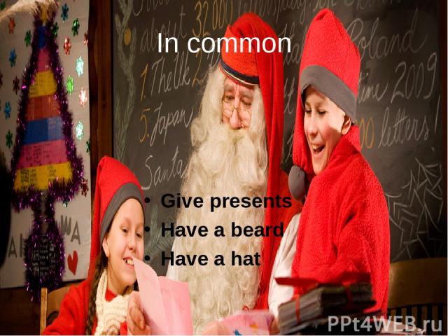 In common Give presents Have a beard Have a hat