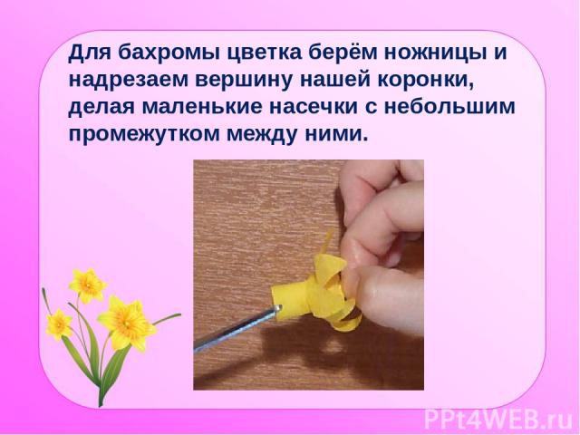 Для бахромы цветка берём ножницы и надрезаем вершину нашей коронки, делая маленькие насечки с небольшим промежутком между ними.