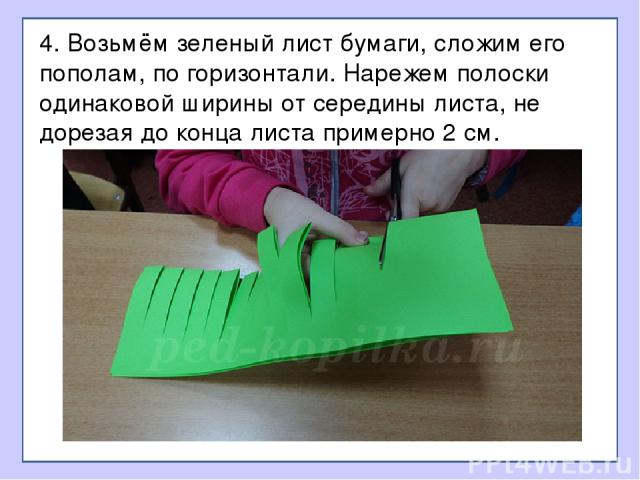 4. Возьмём зеленый лист бумаги, сложим его пополам, по горизонтали. Нарежем полоски одинаковой ширины от середины листа, не дорезая до конца листа примерно 2 см.