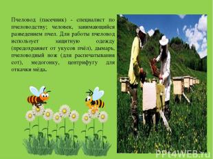 Пчеловод (пасечник) - специалист по пчеловодству; человек, занимающийся разведен