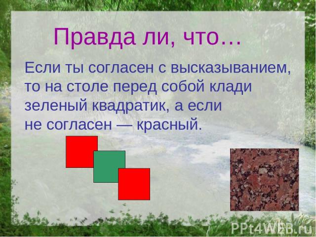 Правда ли, что… Если ты согласен с высказыванием, то на столе перед собой клади зеленый квадратик, а если не согласен — красный.