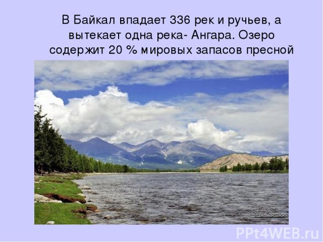В Байкал впадает 336 рек и ручьев, а вытекает одна река- Ангара. Озеро содержит 20 % мировых запасов пресной воды.