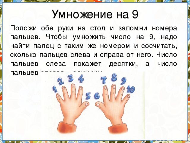 Умножение на 9 Положи обе руки на стол и запомни номера пальцев. Чтобы умножить число на 9, надо найти палец с таким же номером и сосчитать, сколько пальцев слева и справа от него. Число пальцев слева покажет десятки, а число пальцев справа – единицы.