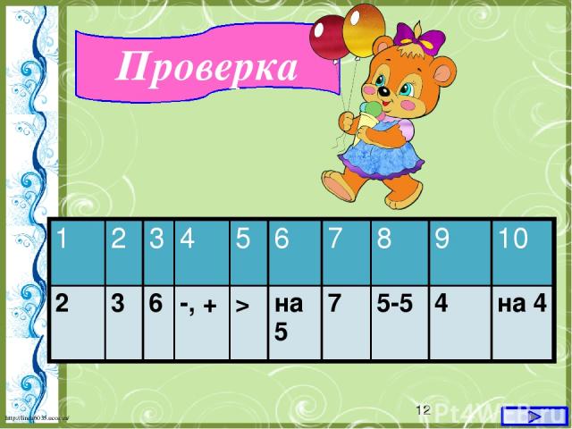 Проверка 1 2 3 4 5 6 7 8 9 10 2 3 6 -,+ > на5 7 5-5 4 на 4 http://linda6035.ucoz.ru/