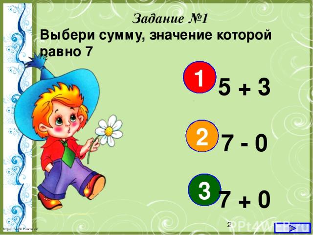 Задание №1 Выбери сумму, значение которой равно 7 1 2 3 5 + 3 7 - 0 7 + 0 http://linda6035.ucoz.ru/